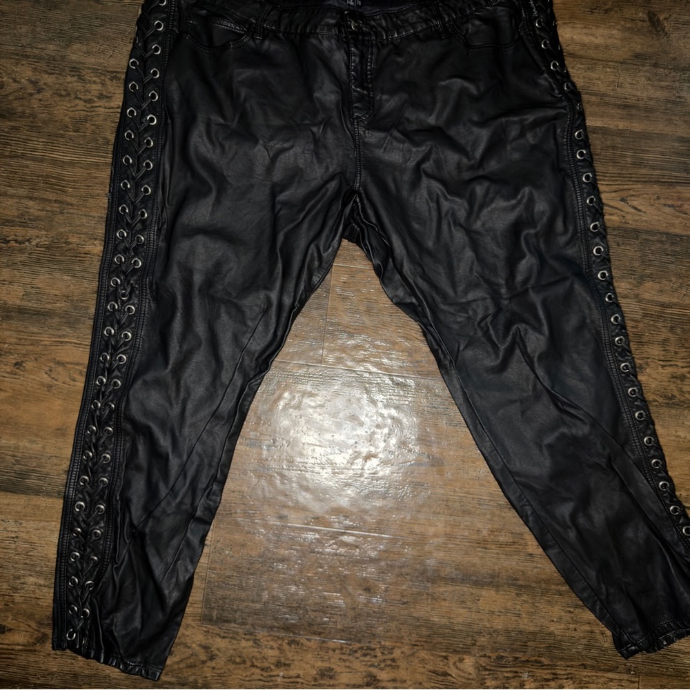 Tripp NYC Plus Size 28 Black Faux Leather Lace Up Pants Goth Y2K